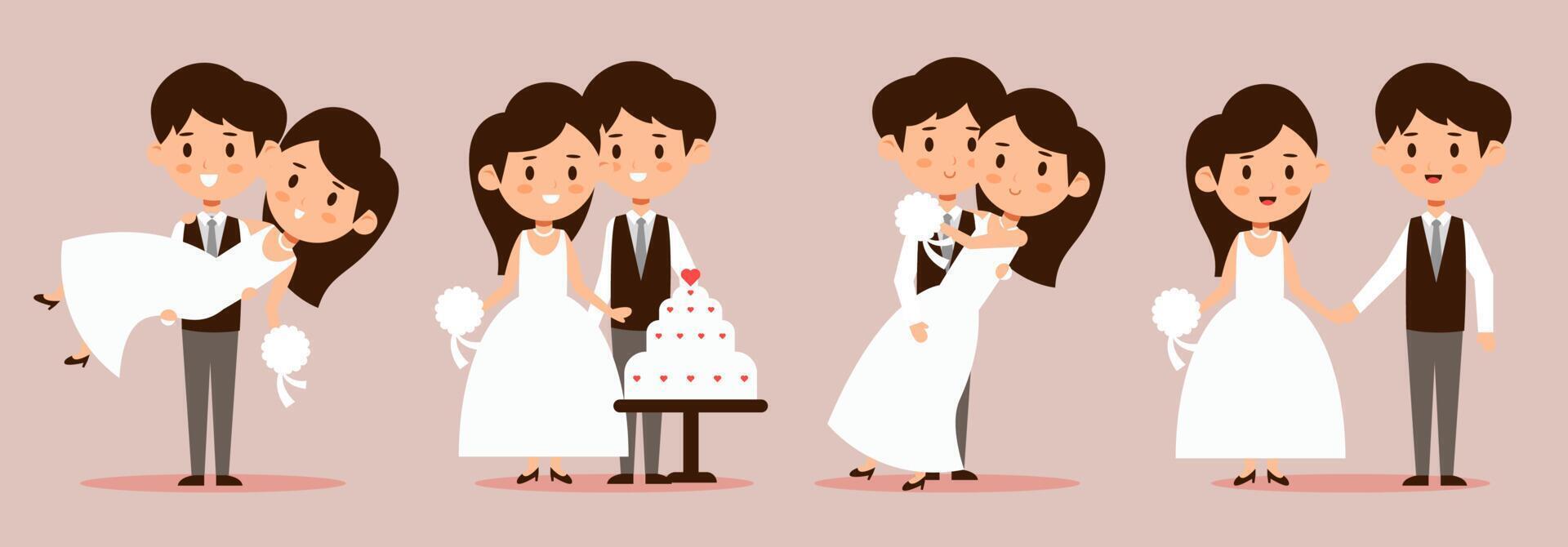 pareja joven, feliz, boda, conjunto vector