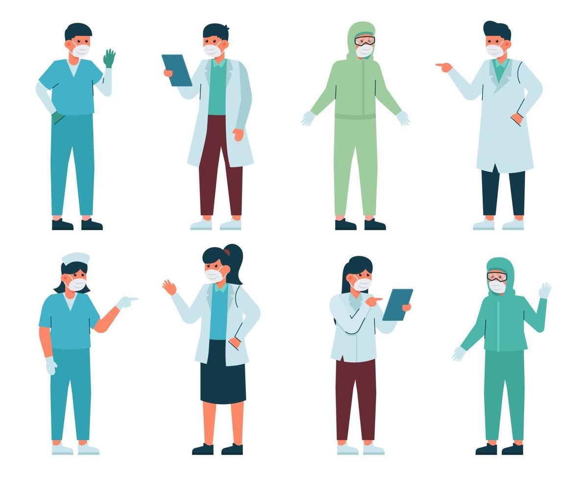 ilustración de personal médico en varios equipos para realizar tareas en hospitales vector