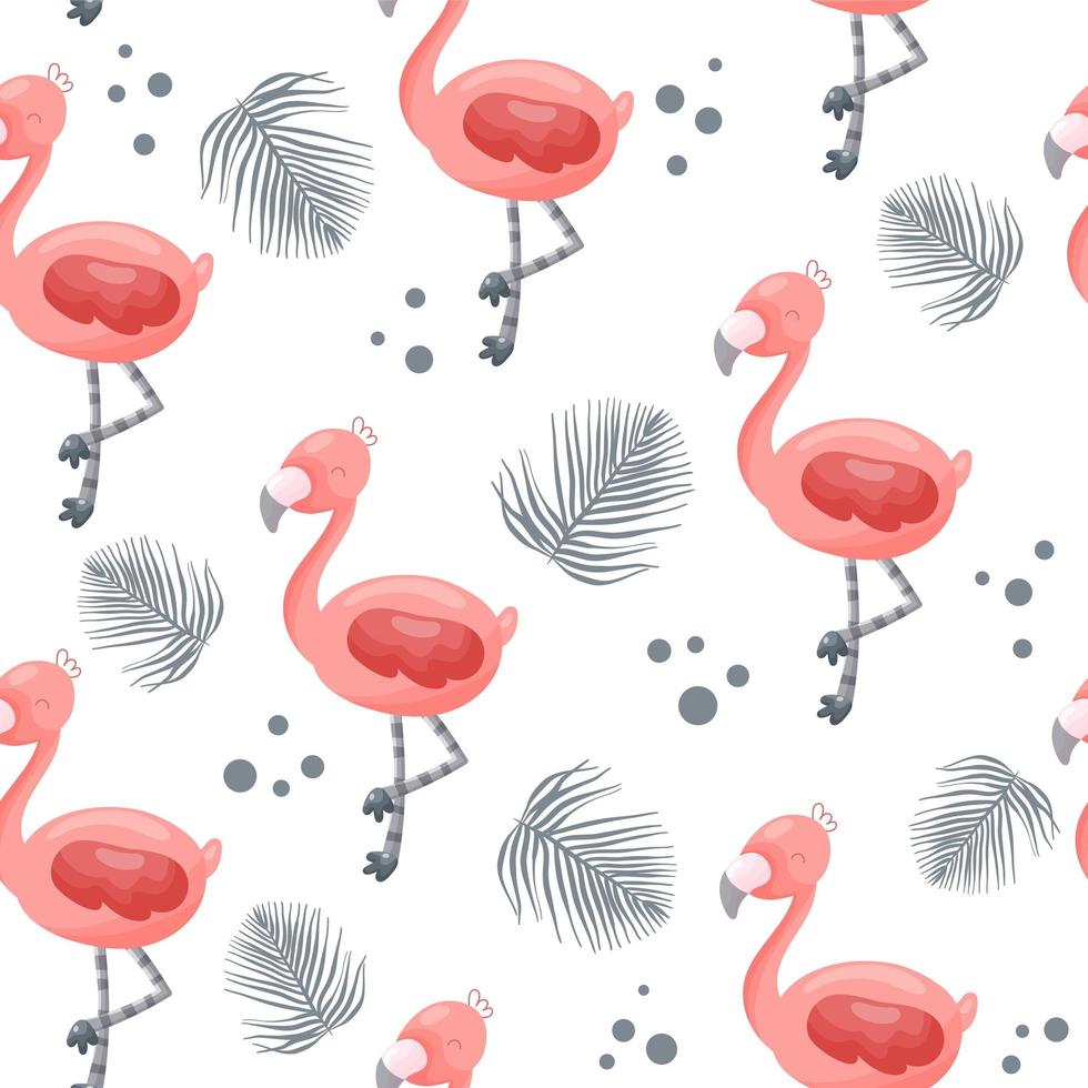 Pink cartoon flamingo with tropical palm leaves seamless pattern vector. vector