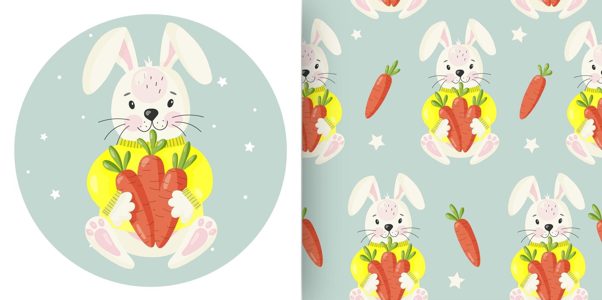 Rabbit cartoon character with carrots.Happy Easter Bunny Vector illustration.