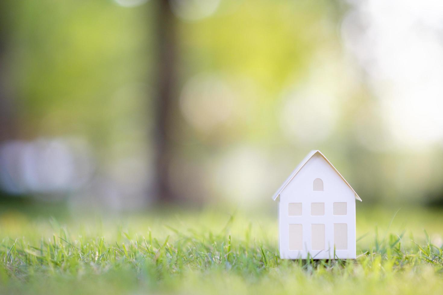 Small white house on green background photo