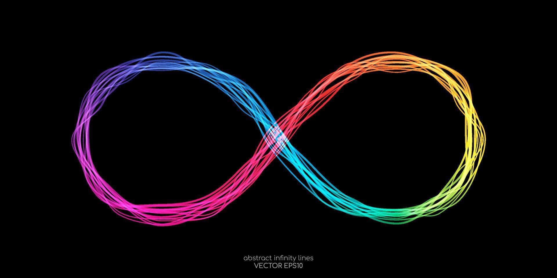 símbolo infinito por líneas onduladas luz de espectro colorido aislada sobre fondo negro en concepto ilimitado, tecnología, digital. vector