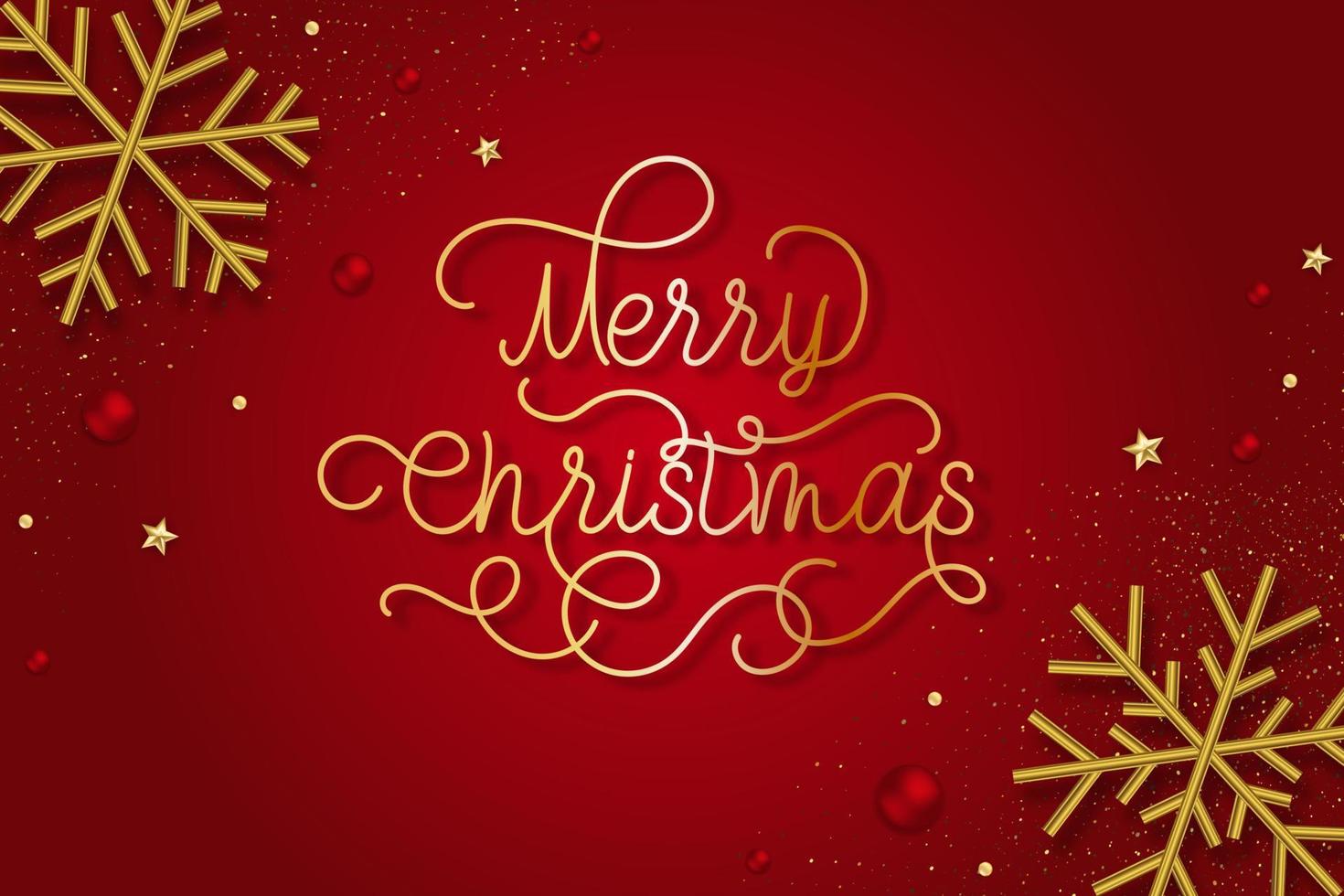 Merry Christmas background with gold 3D snowflakes and calligraphy on red background. vector