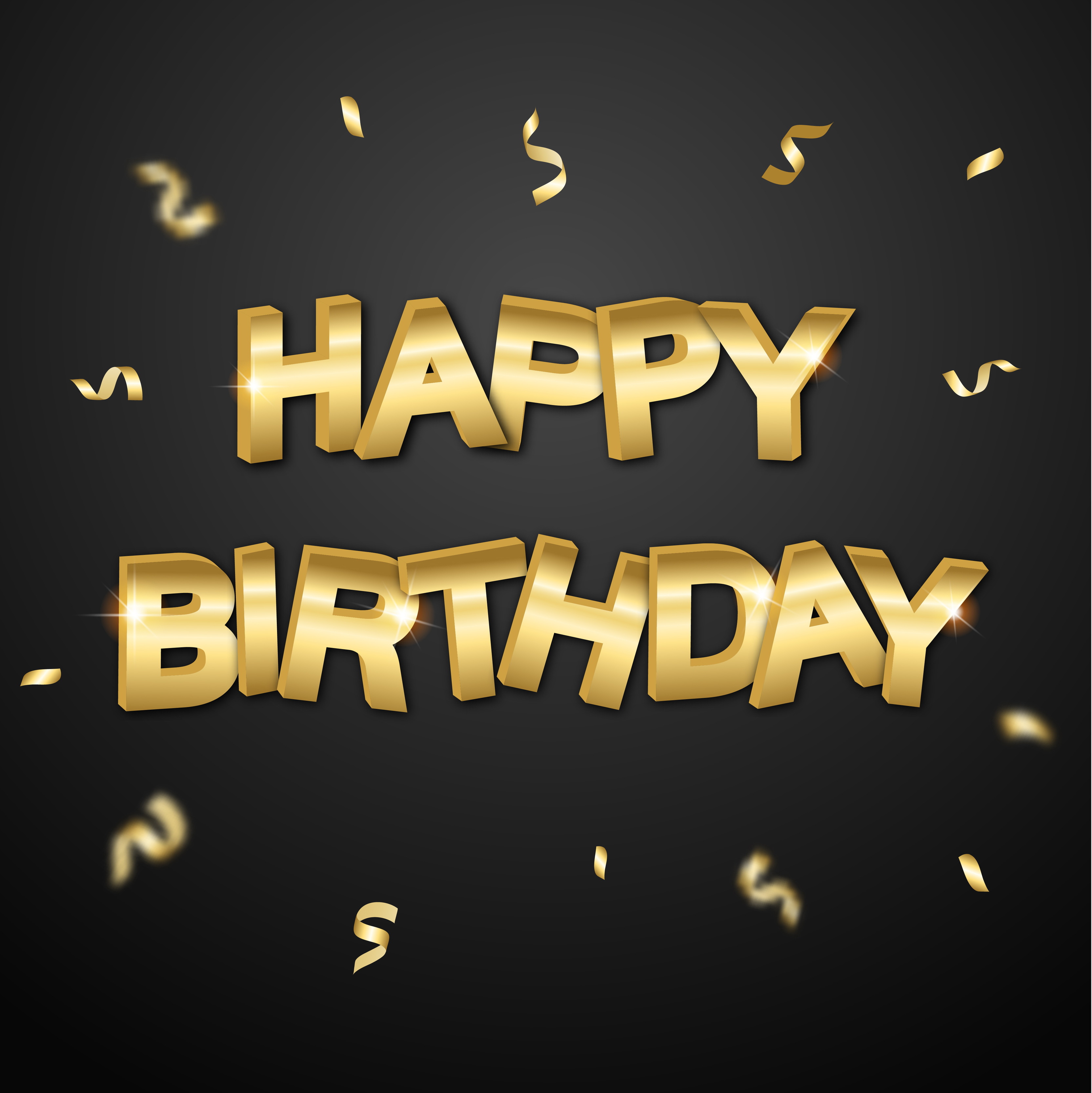 Happy Birthday - black background with realistic golden text and ribbons.  Vector illustration greeting card, poster, flyer, banner. 5085761 Vector  Art at Vecteezy