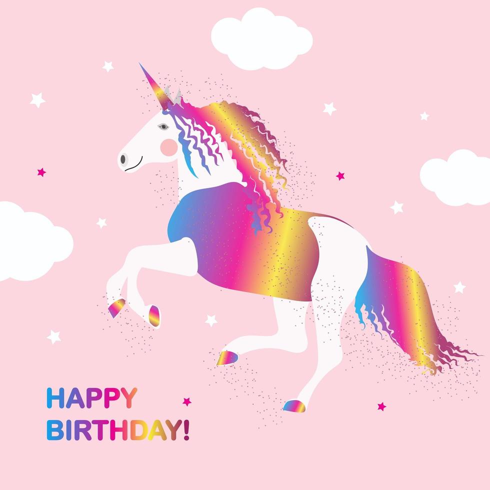 unicornio arco iris sobre un fondo rosa con estrellas. tarjeta de feliz cumpleaños. vector