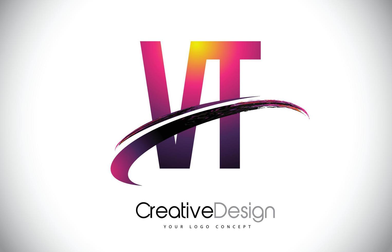 VT V T Purple Letter Logo with Swoosh Design. Creative Magenta Modern Letters Vector Logo.