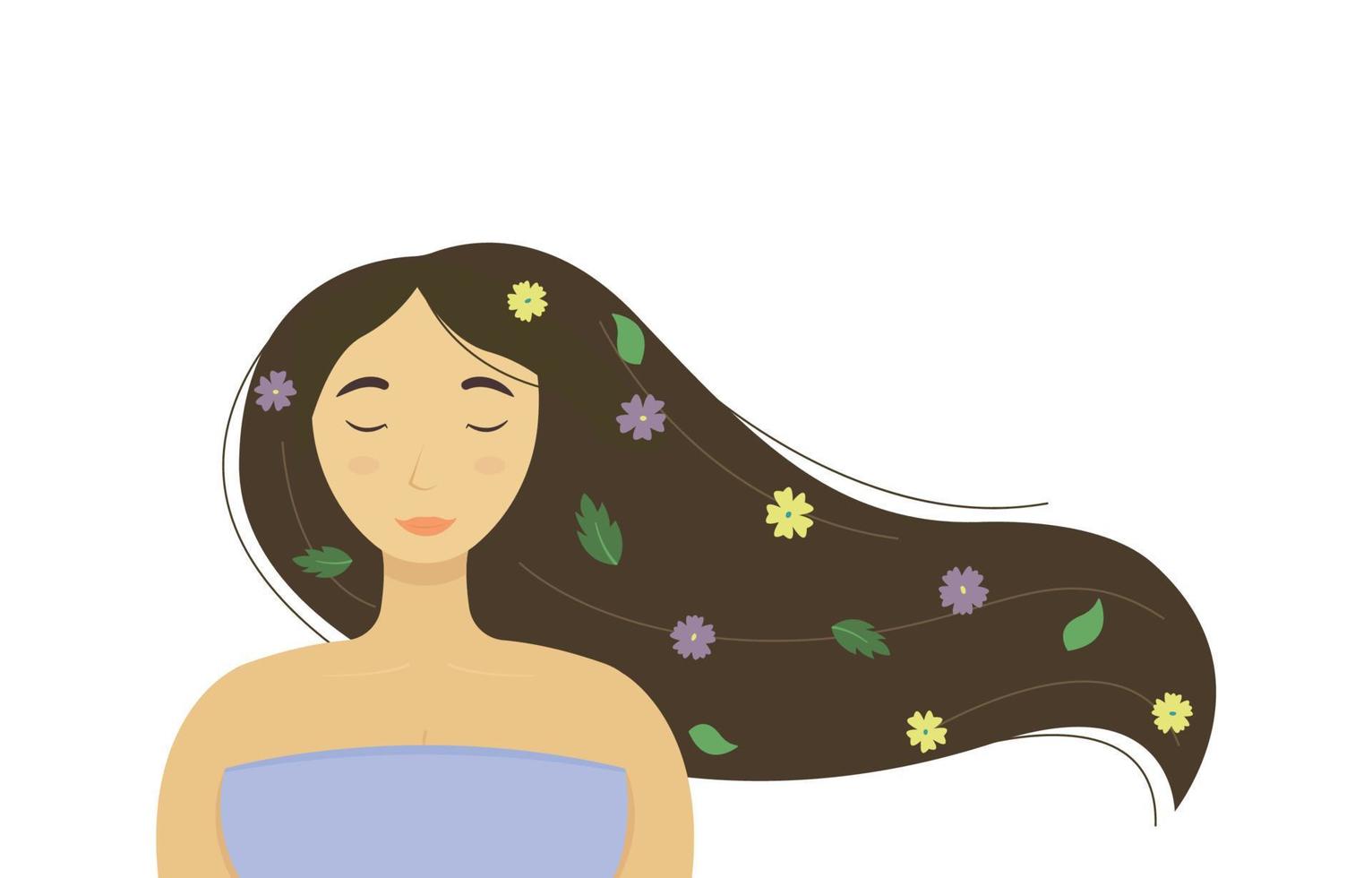 Beautiful tender woman with long brown hair. Closed eyes, flowers and leaves in curls. Flat vector illustration