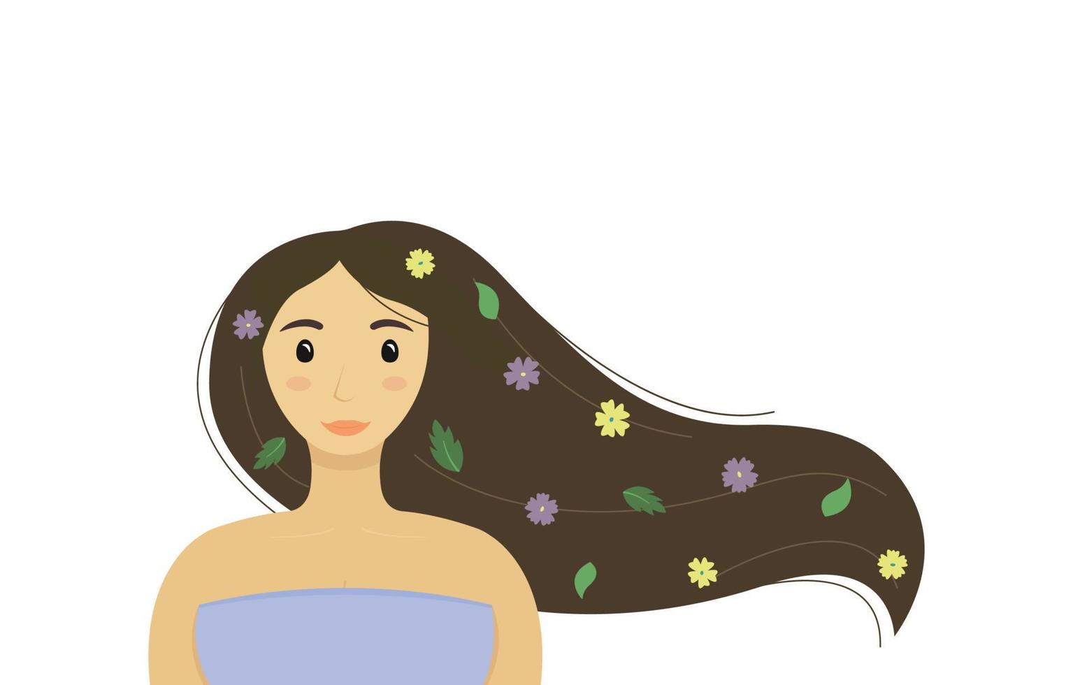 Tender young woman with long hair looking in full face. Hair fluttering in the wind, flowers and leaves in curls. Calm brunette with an open look. Flat vector illustration