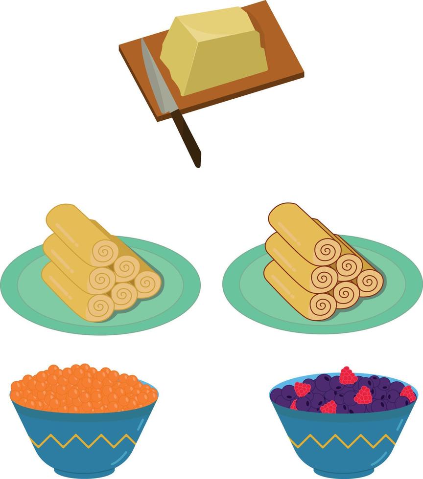 Pancake week. Rolled pancakes on a plate. Red caviar and berries in a plate. Butter and knife. Flat vector set of illustrations