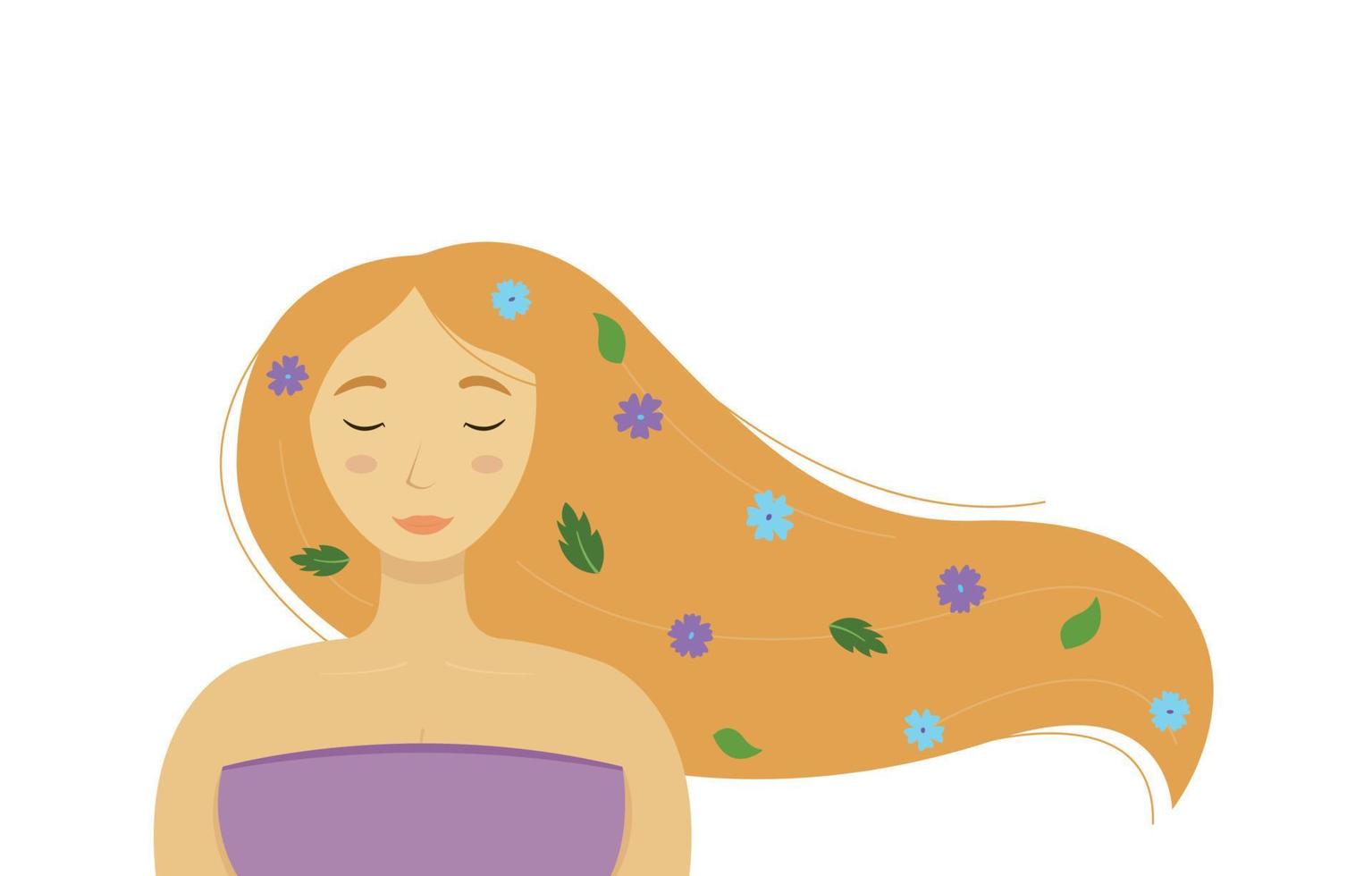 Beautiful tender woman with long blond hair, wheat color. Closed eyes, flowers and leaves in curls. Flat vector illustration