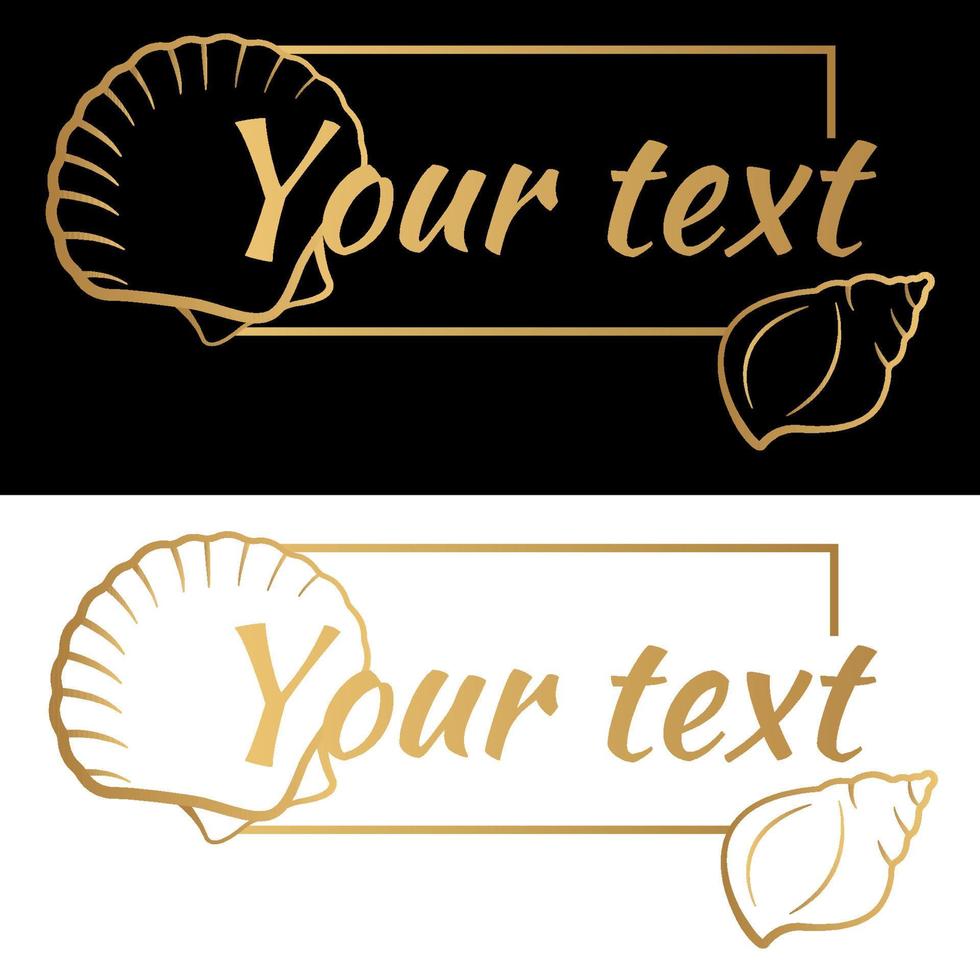 Golden shells with frame and text. Vector summer illustration for logo, business card, menu, certificate, invitation