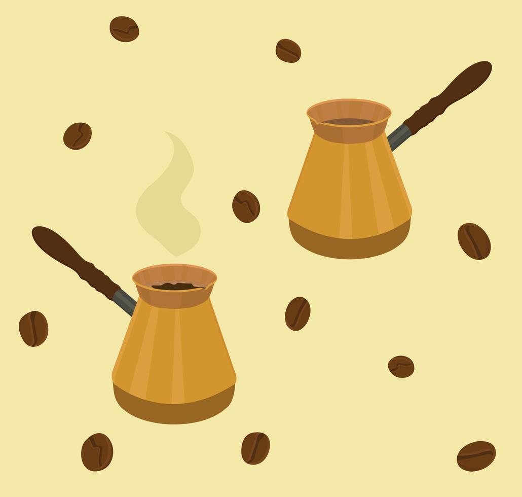 Isolated ibrik, cezve. Pot with a long handle for brewing Turkish coffee. Cozy metal pot for making coffee, warming water. Empty ibrik and ibrik with hot coffee. Coffee beans. Flat vector illustration