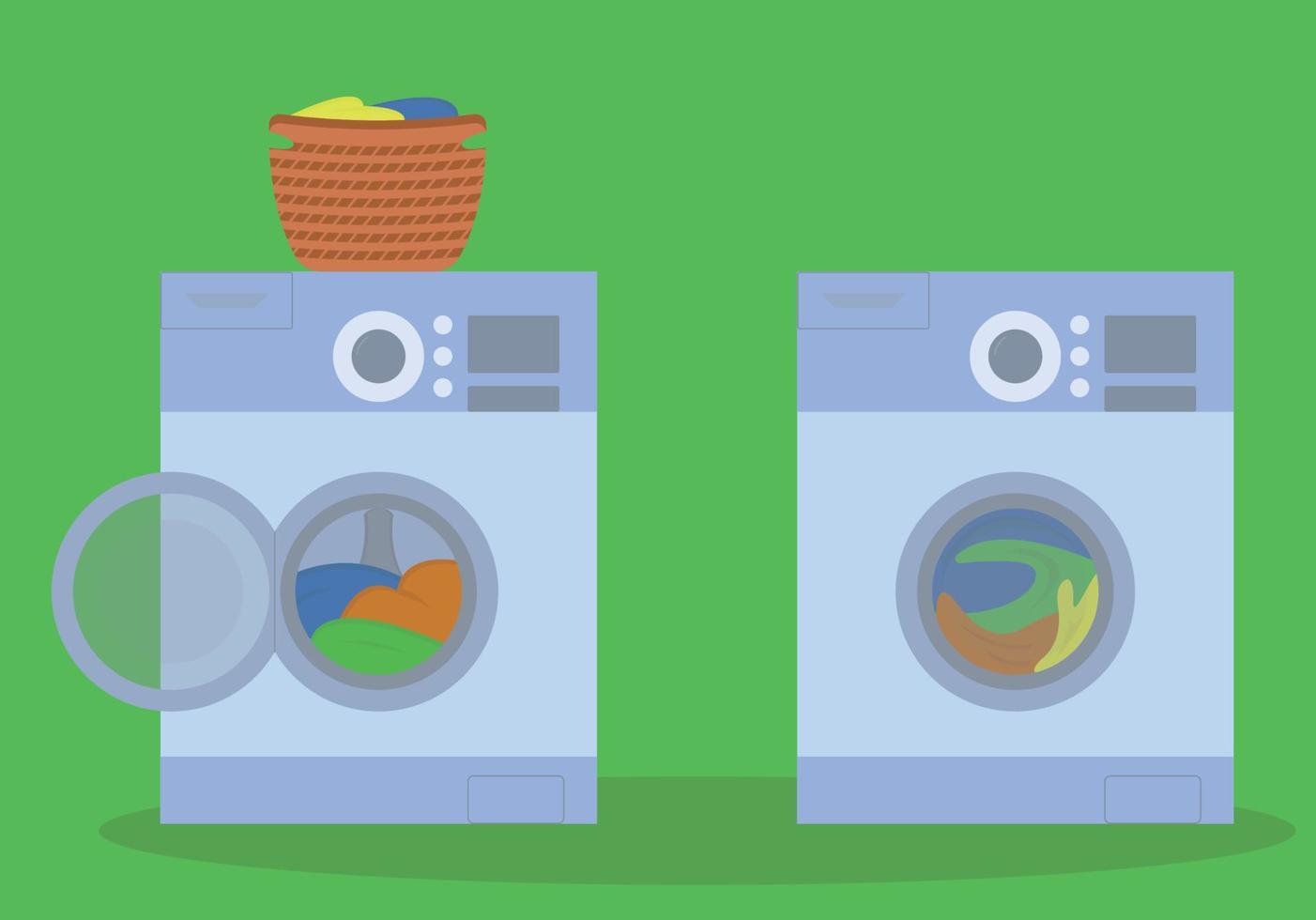 The washing machine is loaded with laundry. The washing machine is working. The laundry basket is on top. Vector set of illustrations
