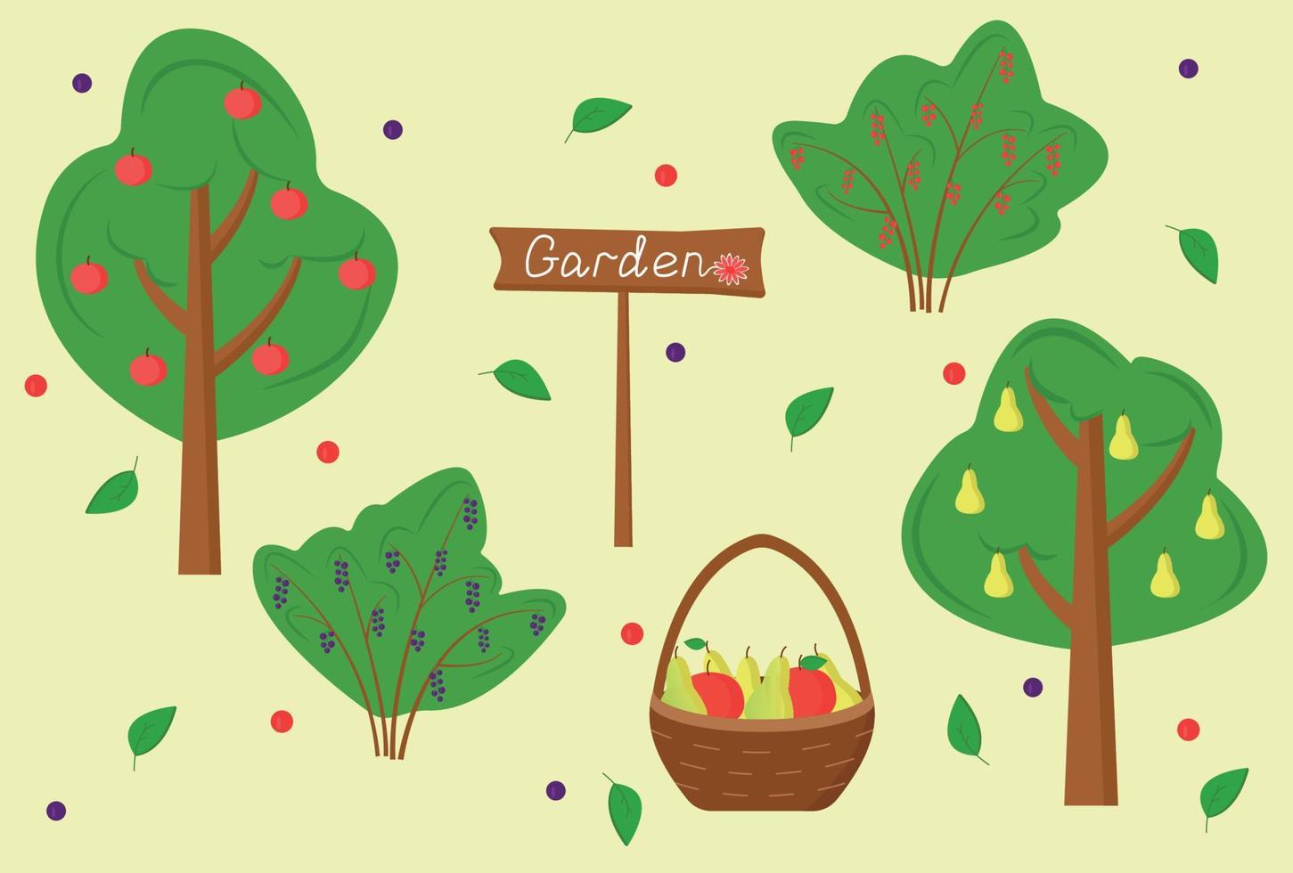 Set of garden trees and shrubs. Fruit trees in the garden apples and pears. Harvest season summer, autumn. Fruit basket. Shrubs black and red currants. Sign Garden. Flat vector illustration