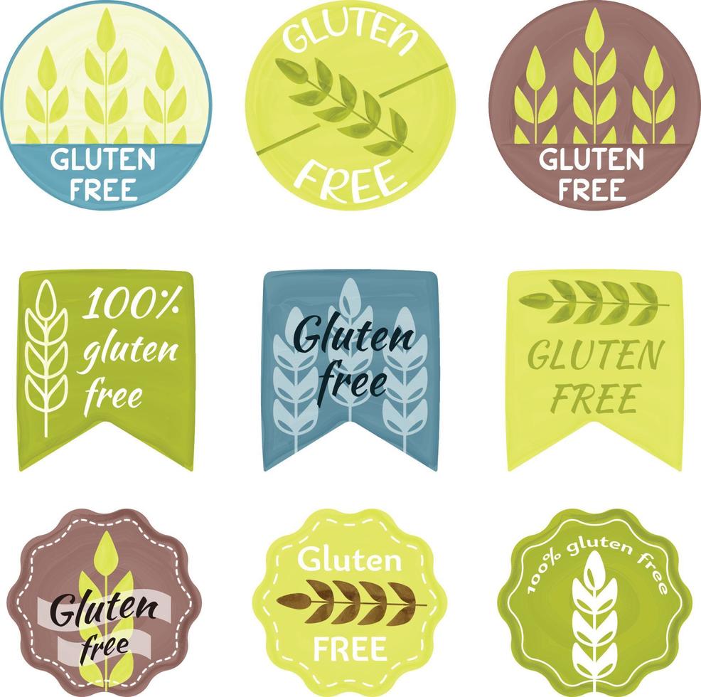 Gluten free icon set. Watercolor drawing badge in a circle, flag, polygon. Label gluten free in food. Flat vector illustration