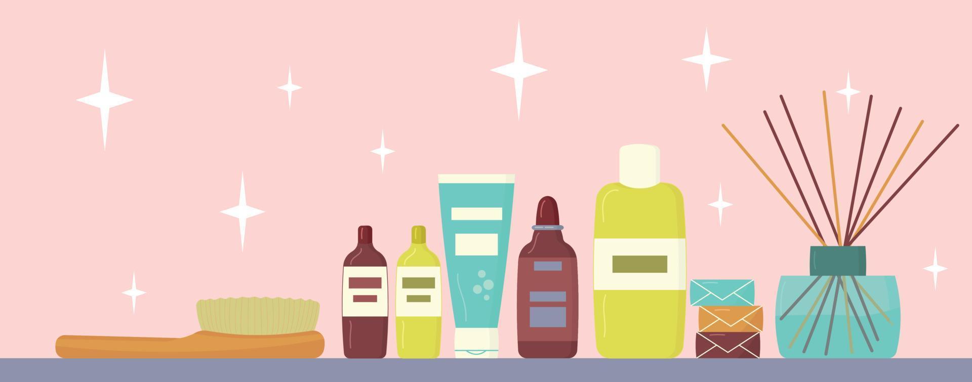 Shelf in the bathroom with cosmetics, soap, fragrance and brush. Clean and tidy. Flat vector illustration