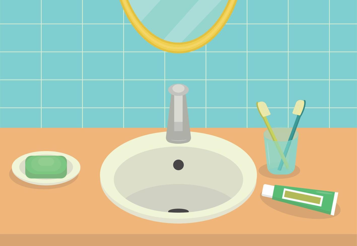 Minimalist bathroom interior. Washbasin with soap, brushes and toothpaste, mirror. Flat vector subject illustration