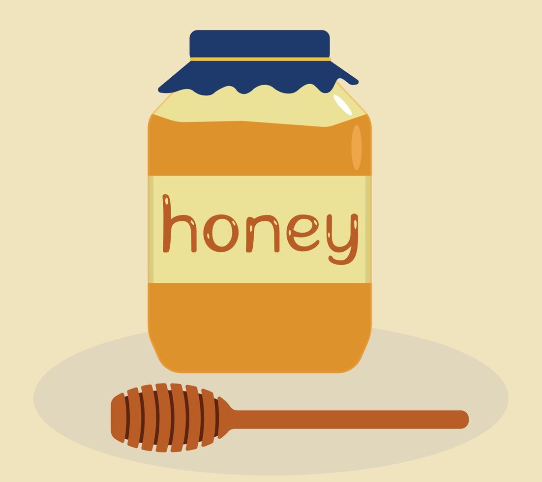 Jar of natural sweet honey. Honey from the apiary. Wooden spoon for honey. Flat vector illustration