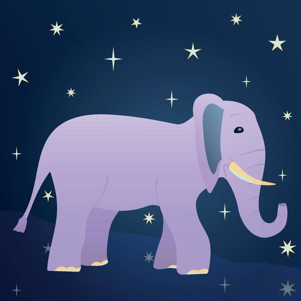 Cute cartoon elephant on a background of the starry sky. Purple elephant walks along the path, side view, profile. Flat vector illustration