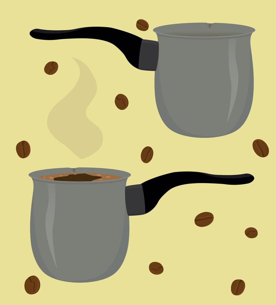 ibrik aislado o cezve. olla con mango largo para preparar café turco. olla de metal para hacer café, calentar agua. ibrik vacío e ibrik con café caliente. granos de café. ilustración vectorial plana vector