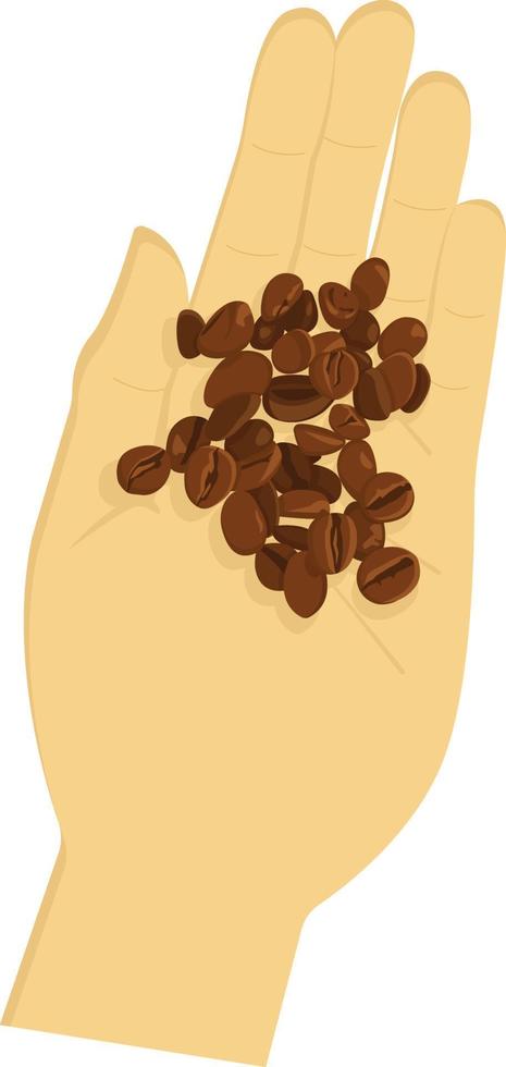 Hand holds roasted brown coffee beans. Realistic handful of fragrant coffee beans. Outstretched palm. Coffee shop, coffee lover. Production. Espresso, americano, latte, cappuccino. Flat vector