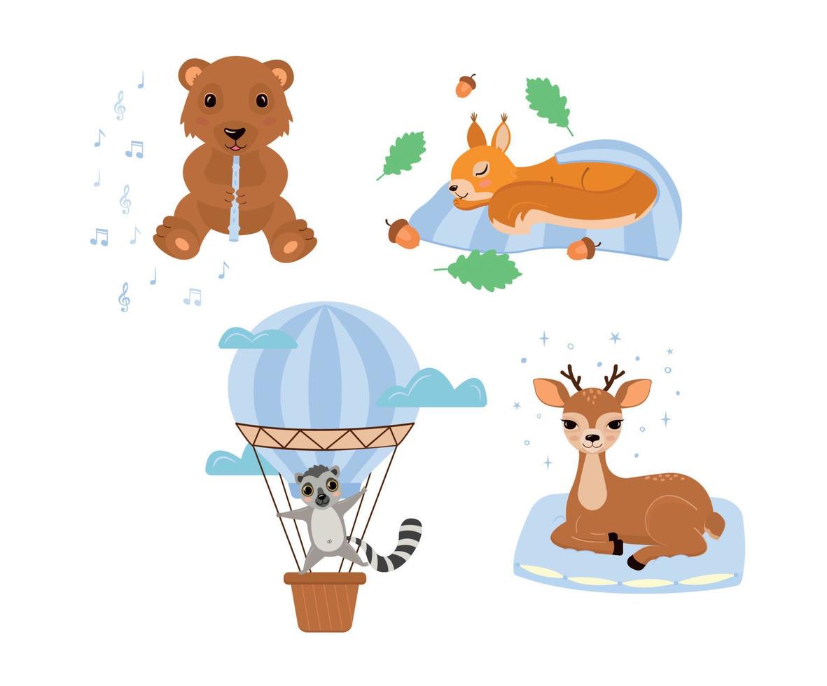 Set of cute animals. Little baby squirrel sleeps, bear plays flute, lemur flies balloon, deer sits on pillow. Cute cartoon design for little boys, nursery, playroom. Flat vector illustration