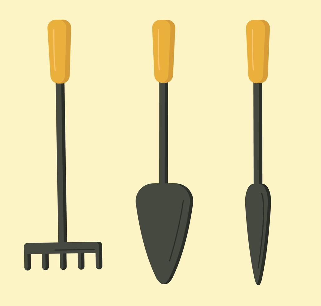 Set of cartoon garden tools. Colorful icons. Yellow and black cute small instrument. Rakes and sharp shovels. Planting and caring for flowers and shrubs. Flat vector illustration