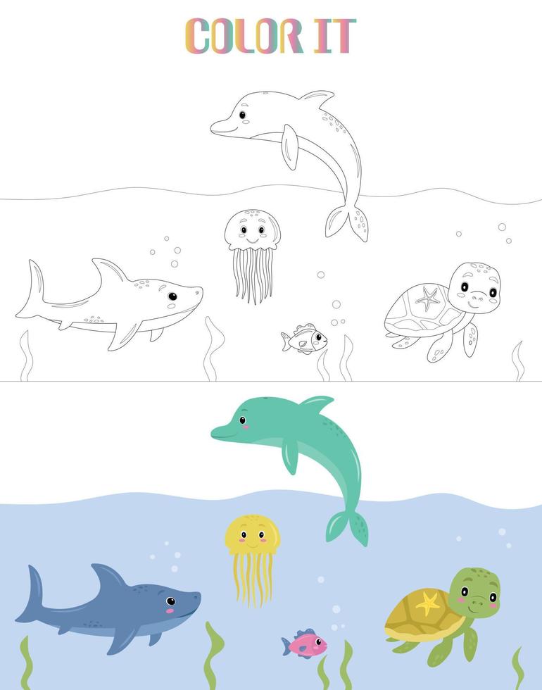 Vector cartoon of marine animals, starfish on turtle s back with colorful fish, jellyfish, shark underwater and dolphin jumps out of the water. Cute smiling sea animals. Coloring book or page for kids