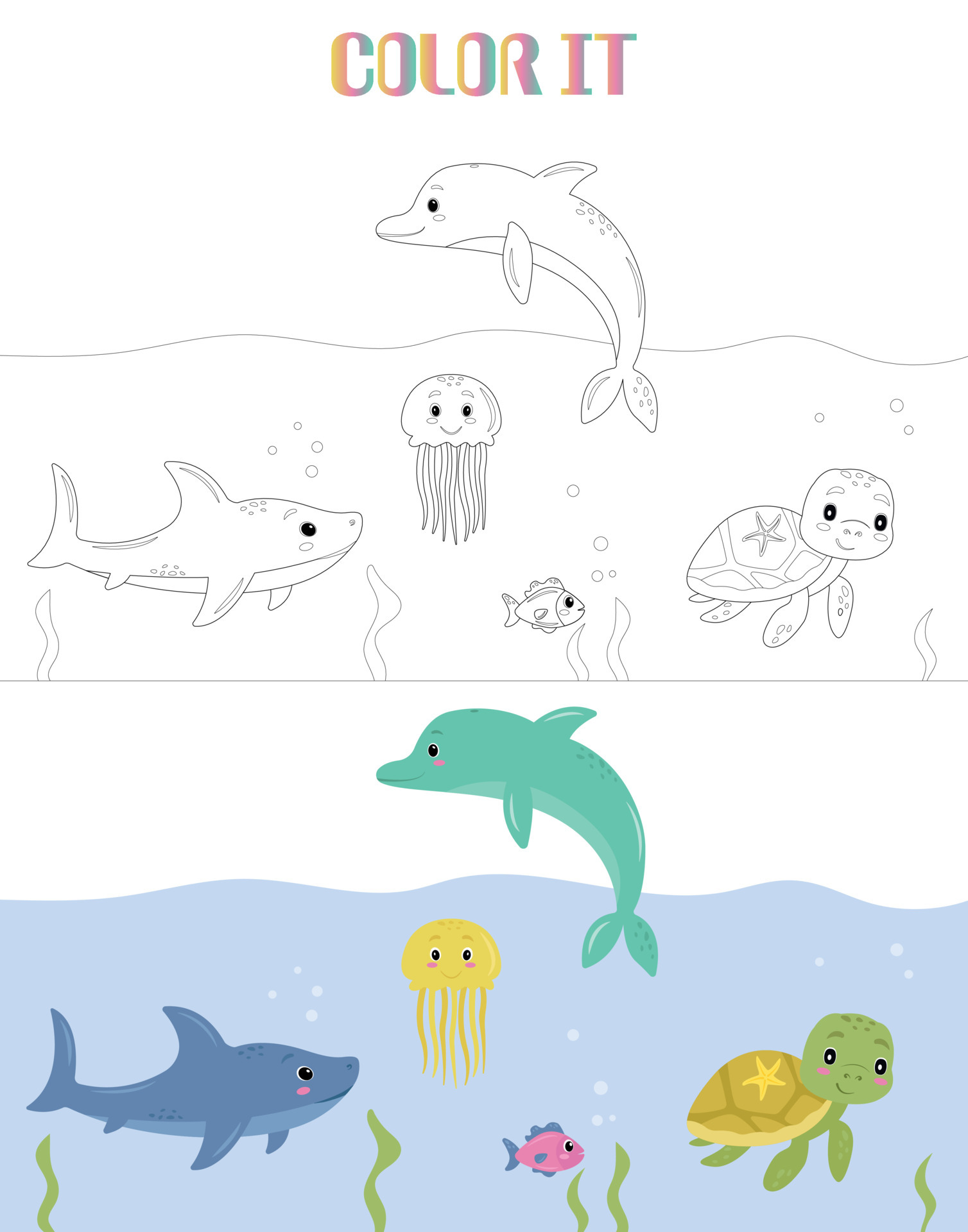 Vector cartoon of marine animals, starfish on turtle s back ...