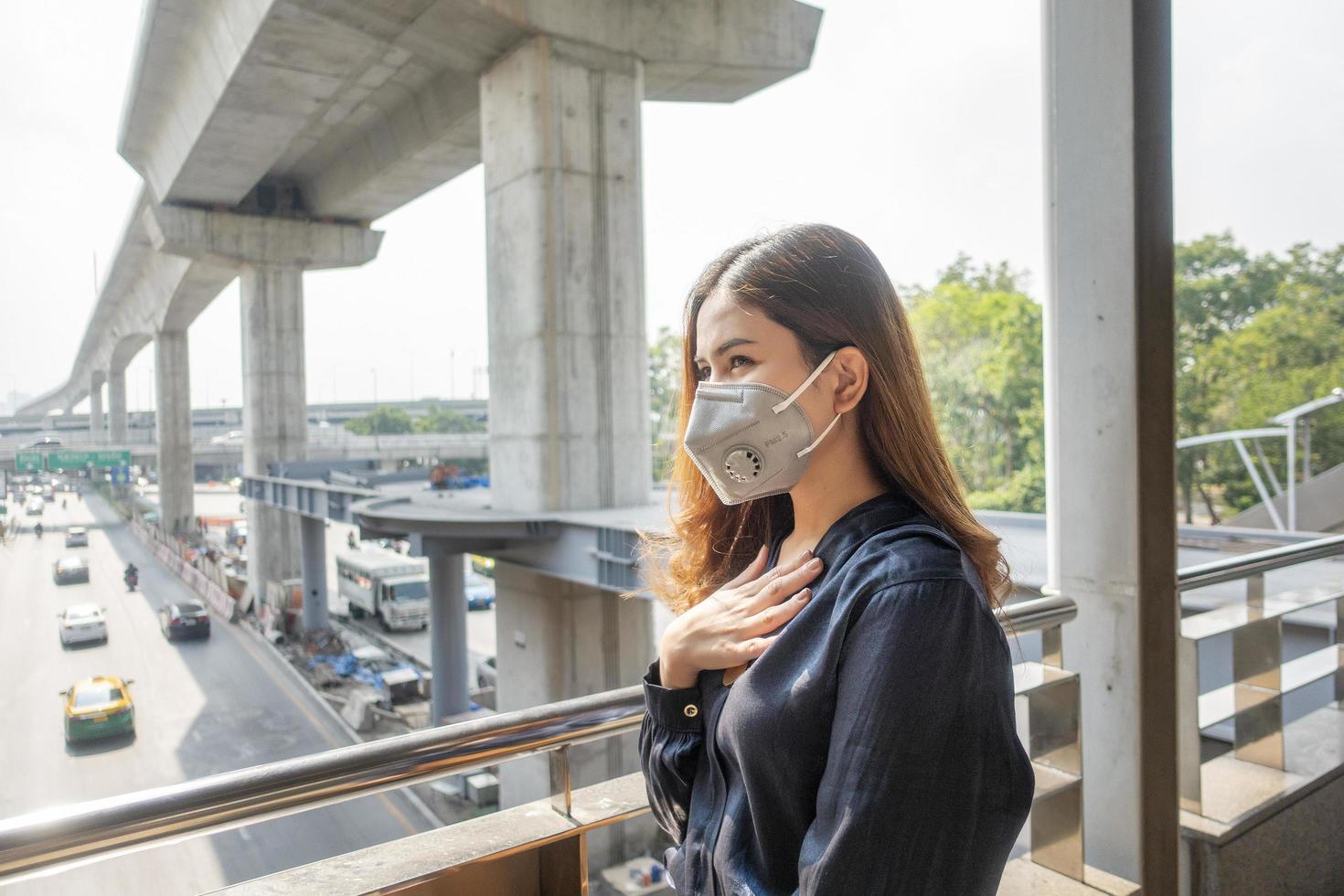 Beautiful woman wearing anti dust mask protect air pollution and pm 2.5 on street city photo