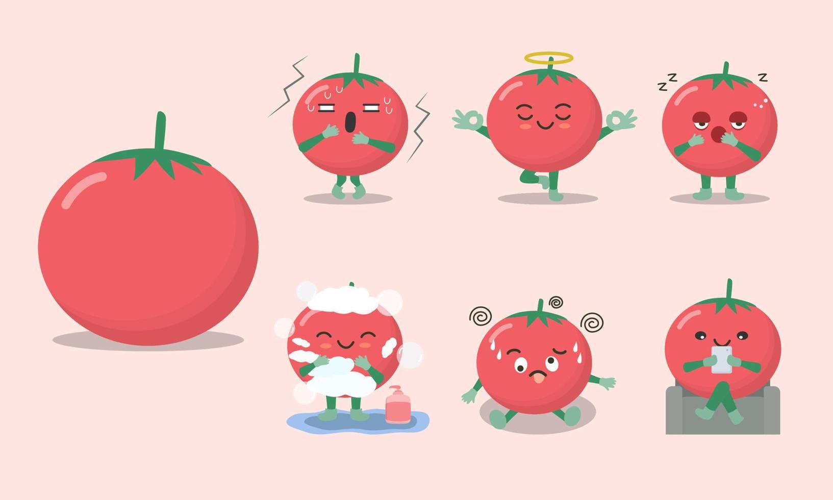 lindos y divertidos personajes de tomate en varias poses y emocionales como miedo, yoga, sueño, baño, confusión, comodidad. vector