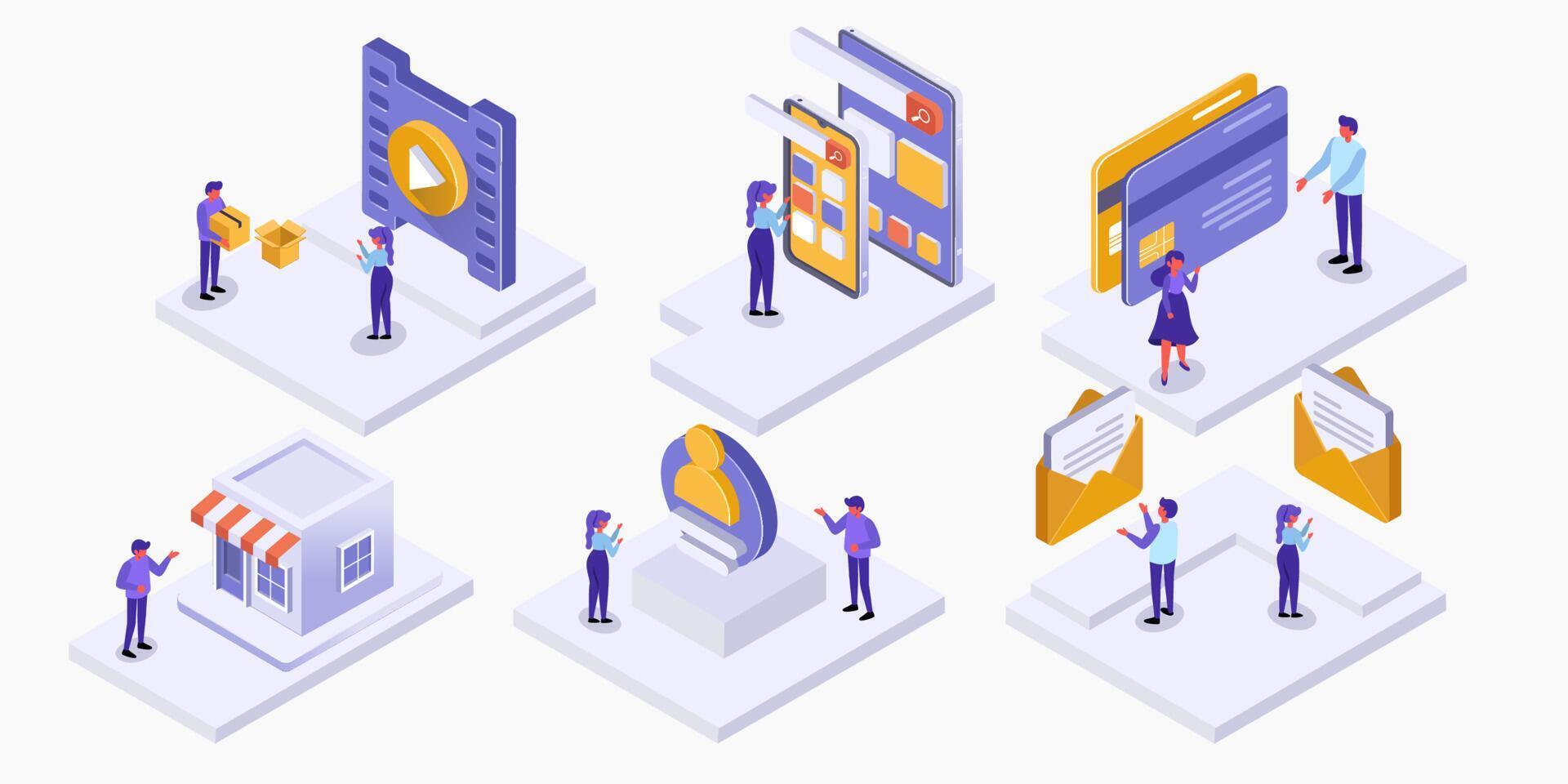 Set of businesspeople working in workspace statistical analysis and management vector