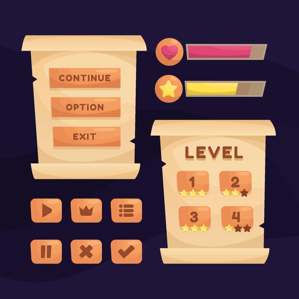 Game menu scene for status of money, power, and collectible items. vector