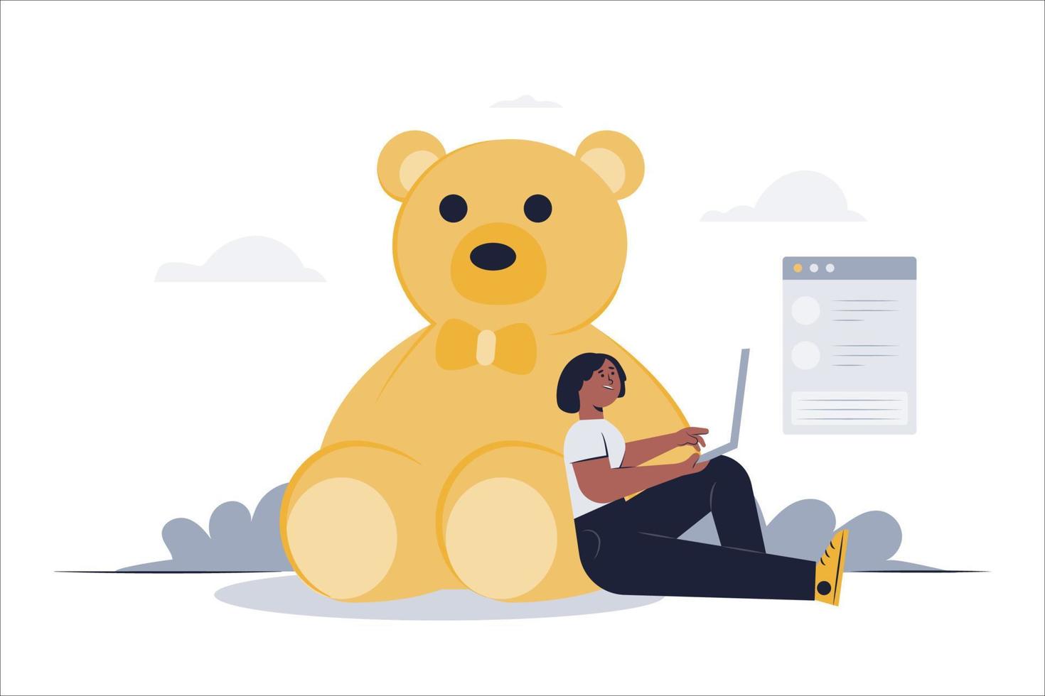A young woman leans against her favorite teddy bear and works on a laptop. vector