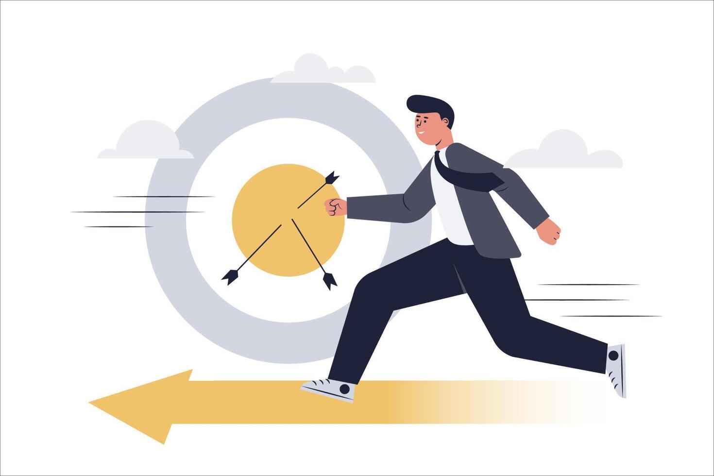 Businessman ran on yellow arrow to business target. Archery target with arrow. Vector illustration.