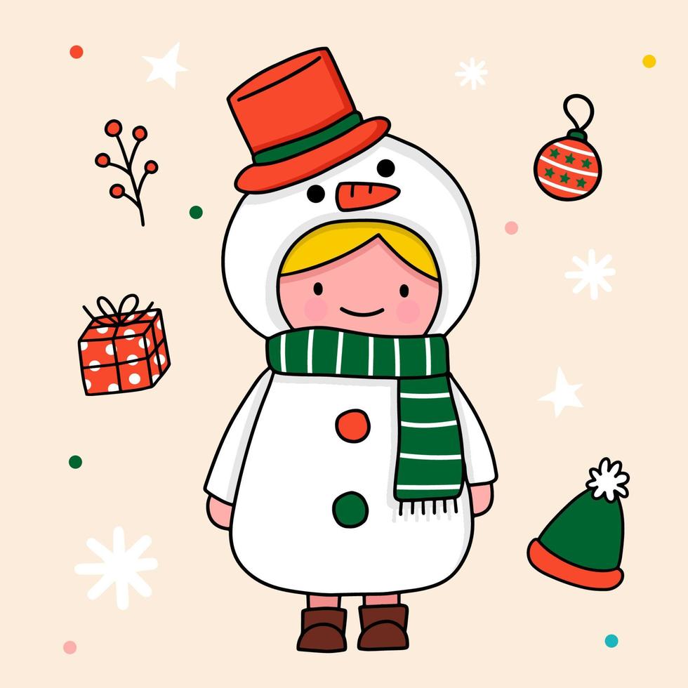 encantadora chica en mascota de muñeco de nieve con artículos de navidad vector