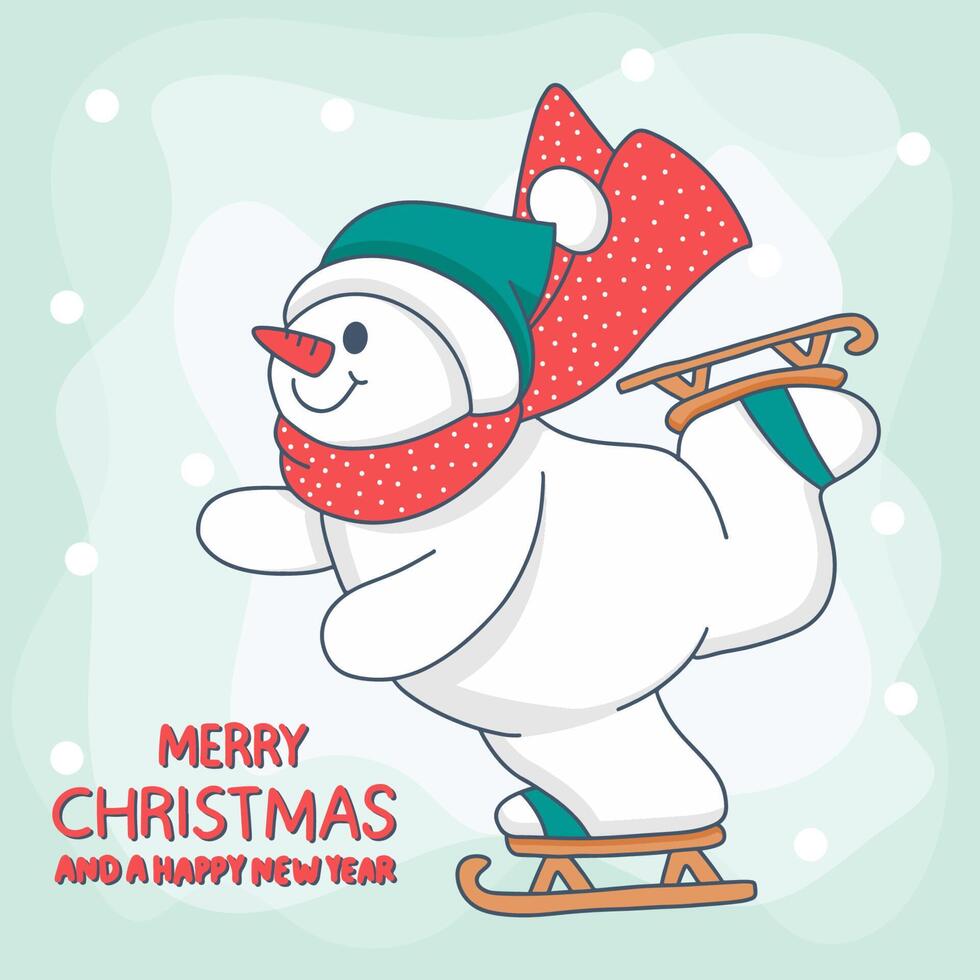 felizmente muñeco de nieve en patines de hielo en vector de feliz navidad