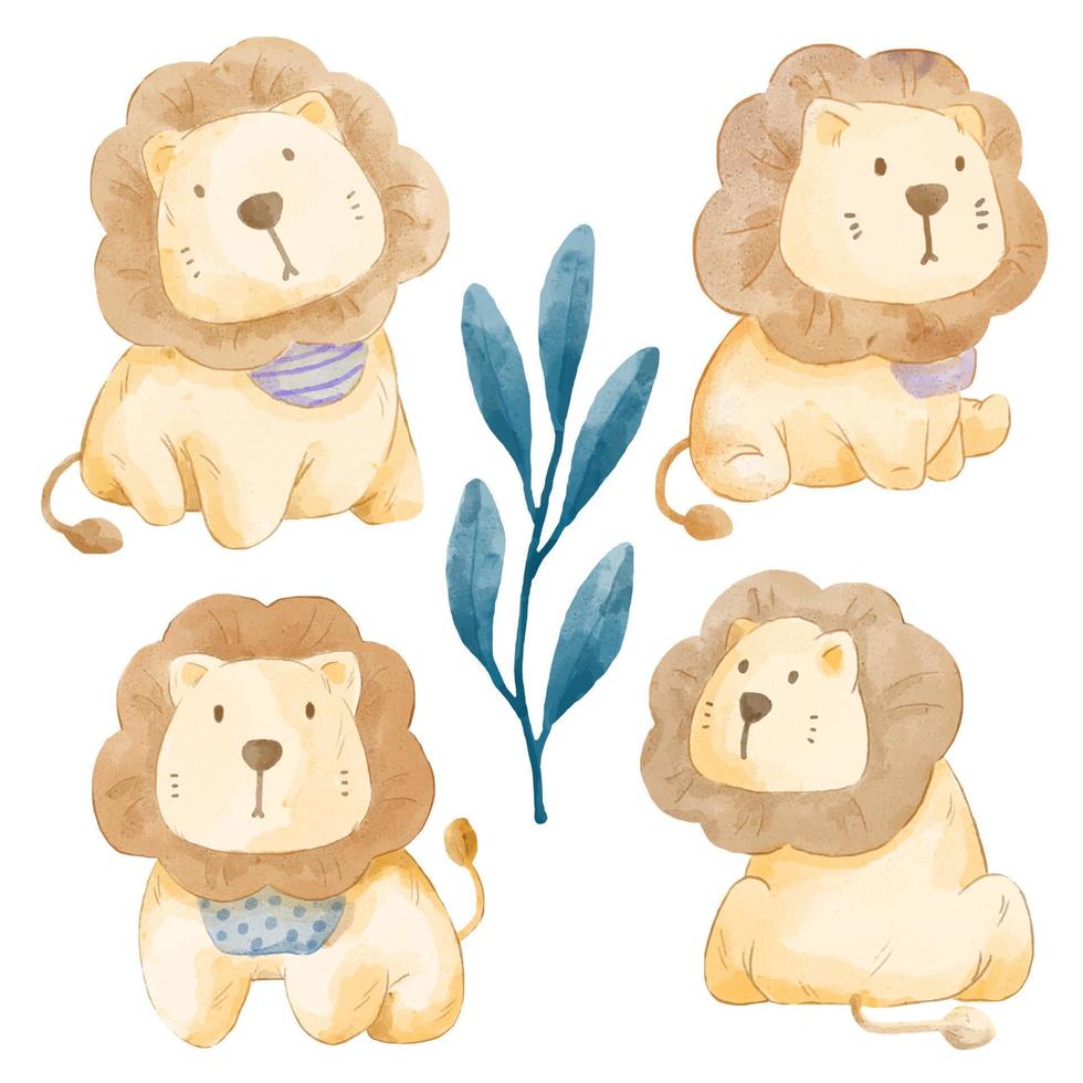 ilustración vectorial acuarela conjunto de león adorable para su diseño. vector