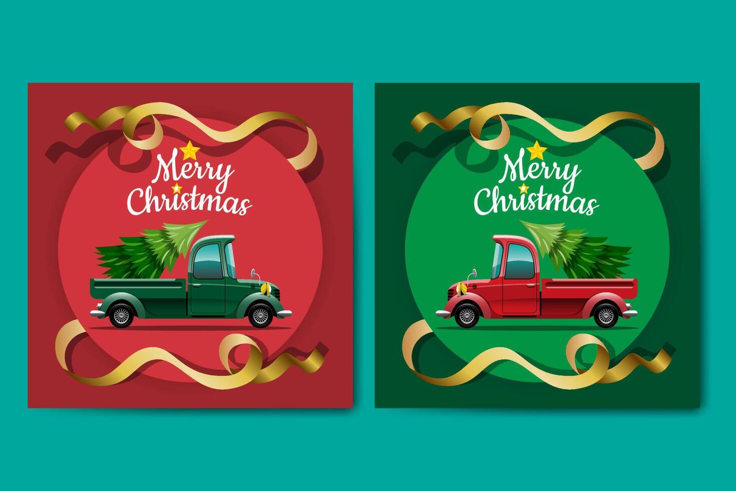 Merry Christmas Vector illustration Retro pickup truck Vintage style with christmas tree.