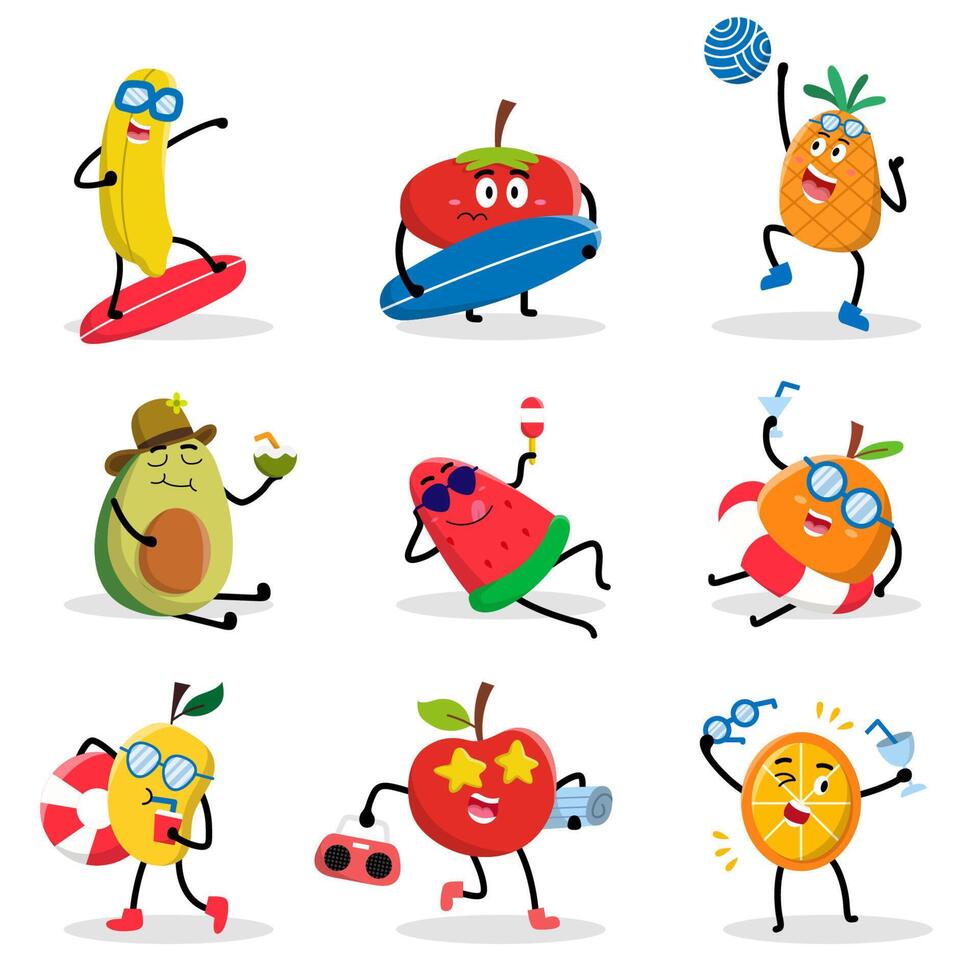 Set of fruit with various activity in cartoon character vector