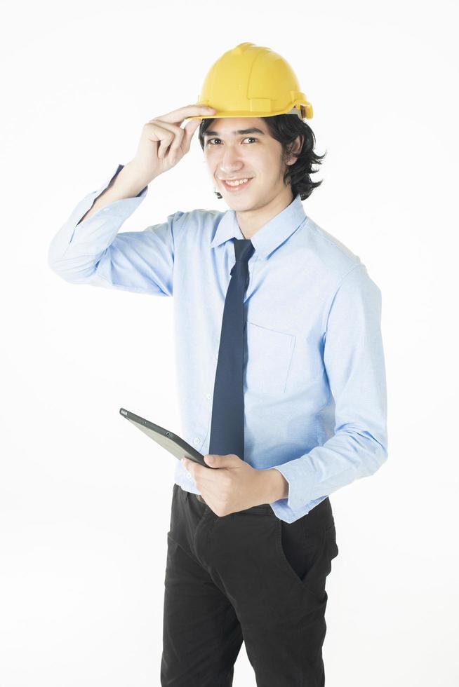 Portrait of Caucasian  handsome  engineering man is confident on white background photo