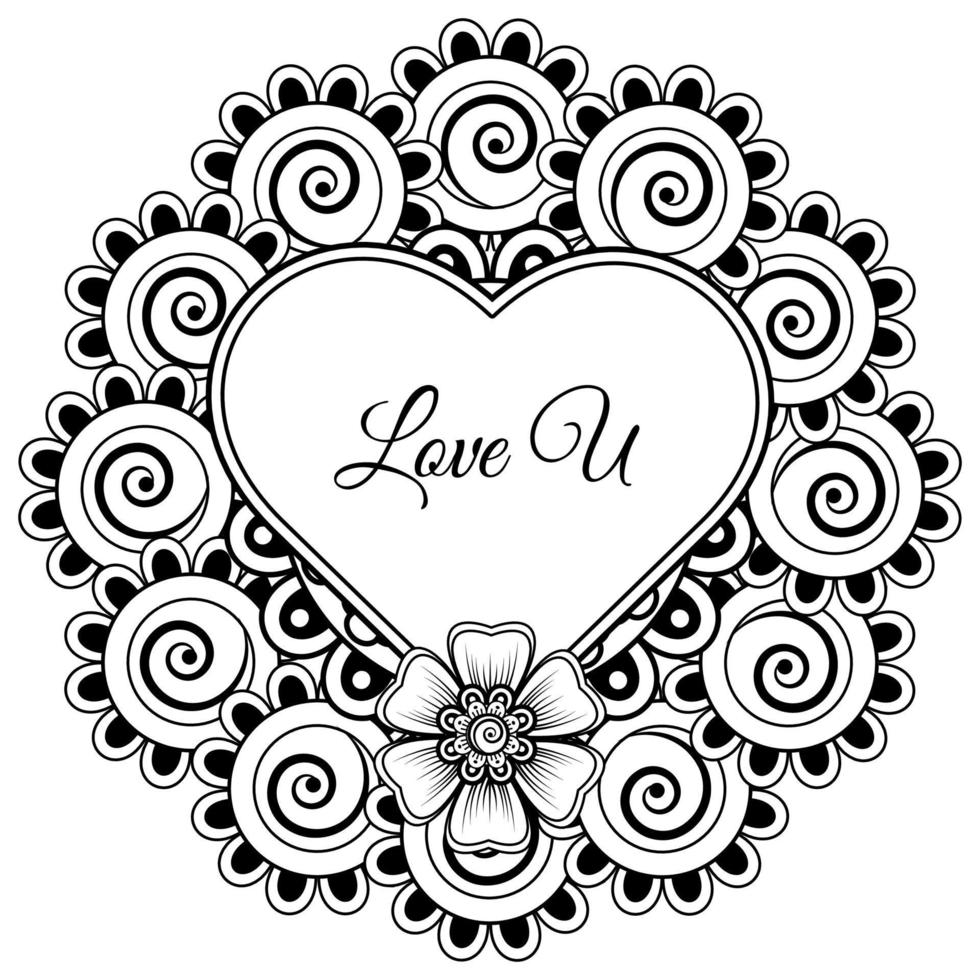 Mehndi flower with frame in shape of heart. decoration in ethnic oriental, doodle ornament. vector