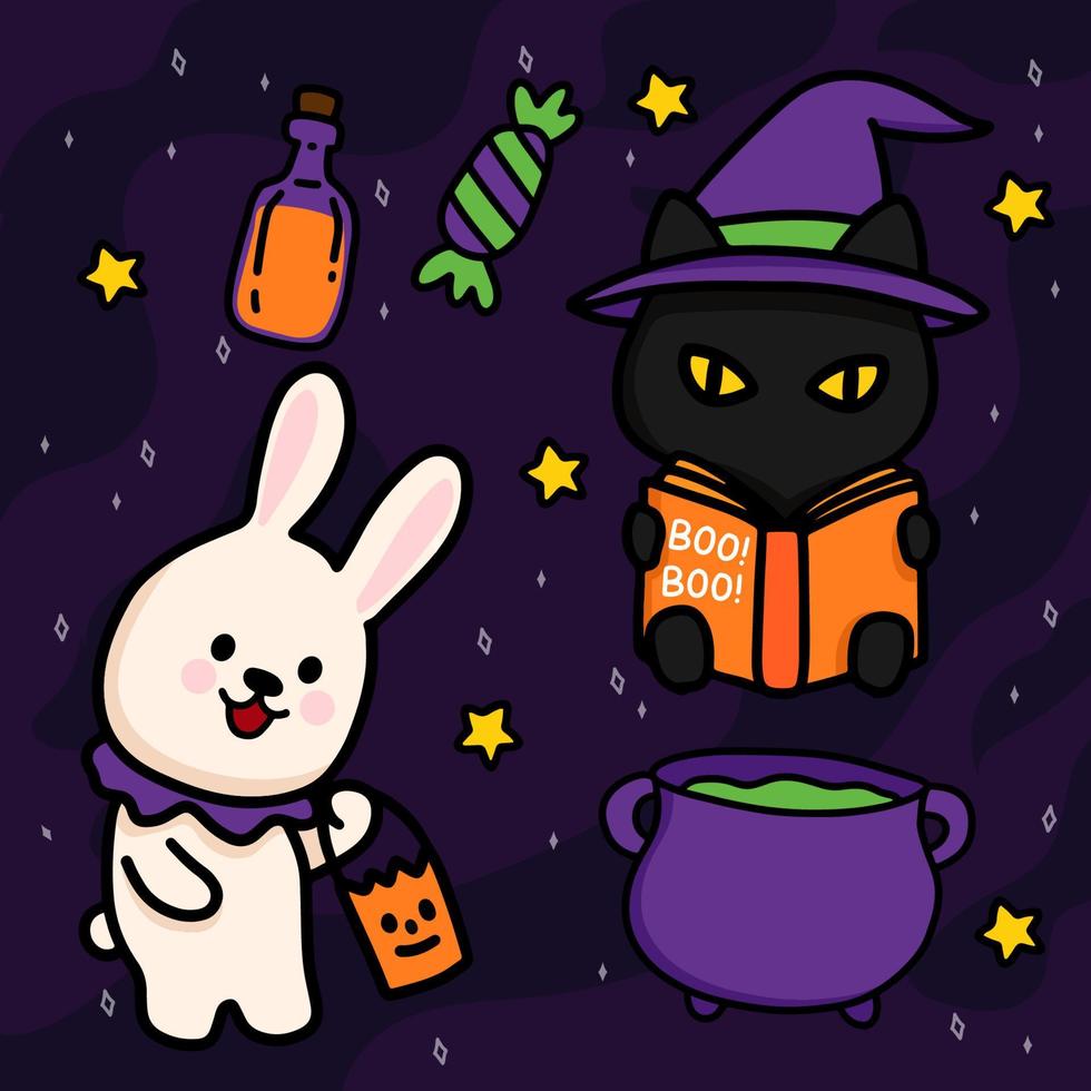 Halloween night Rabbit and black cats are wizards who cook poison in a pot. vector
