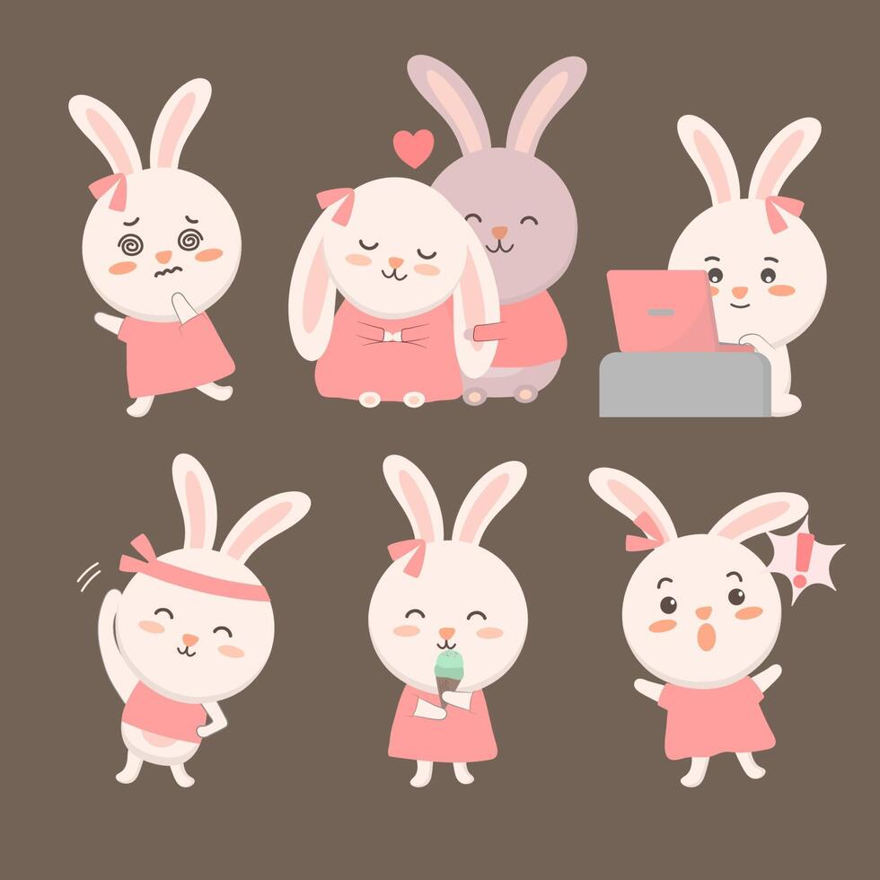 personajes animales de conejo de diversas profesiones y emociones como aturdido, pareja, estudio, sentarse, hacer ejercicio, comer, helado, sorpresa. vector