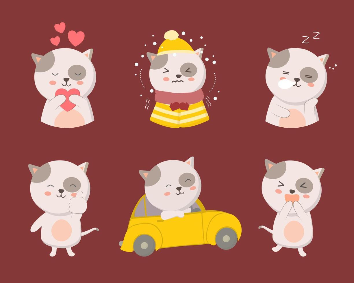 personajes de animales gatos de diversas profesiones y emociones como gato, amor, frío, escalofríos, sueño, pulgar hacia arriba, paseo, camión, sorpresa vector