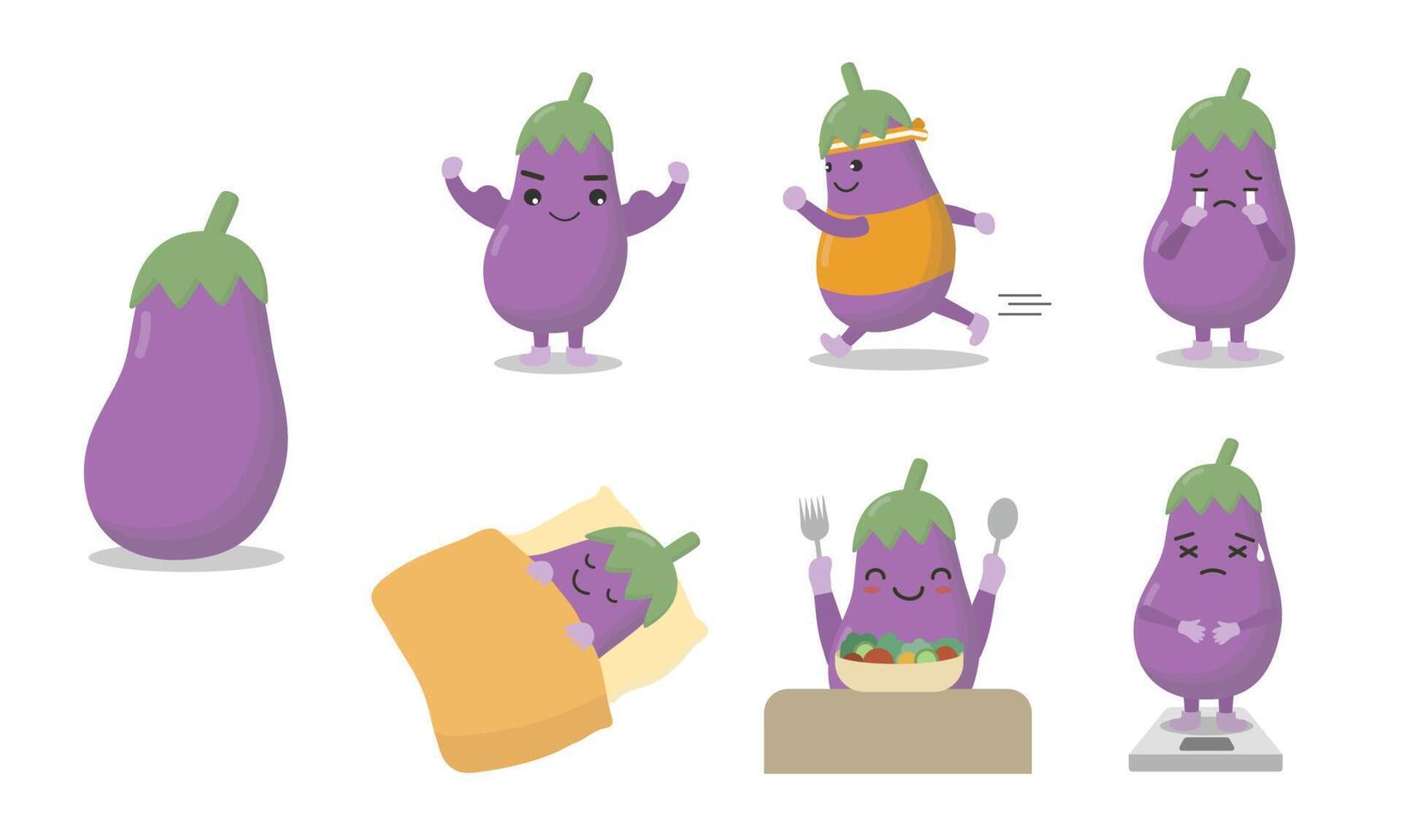 Cute and funny eggplant characters in various posing and emotional such as Strong, run, cry, sleep, eat, worry. vector