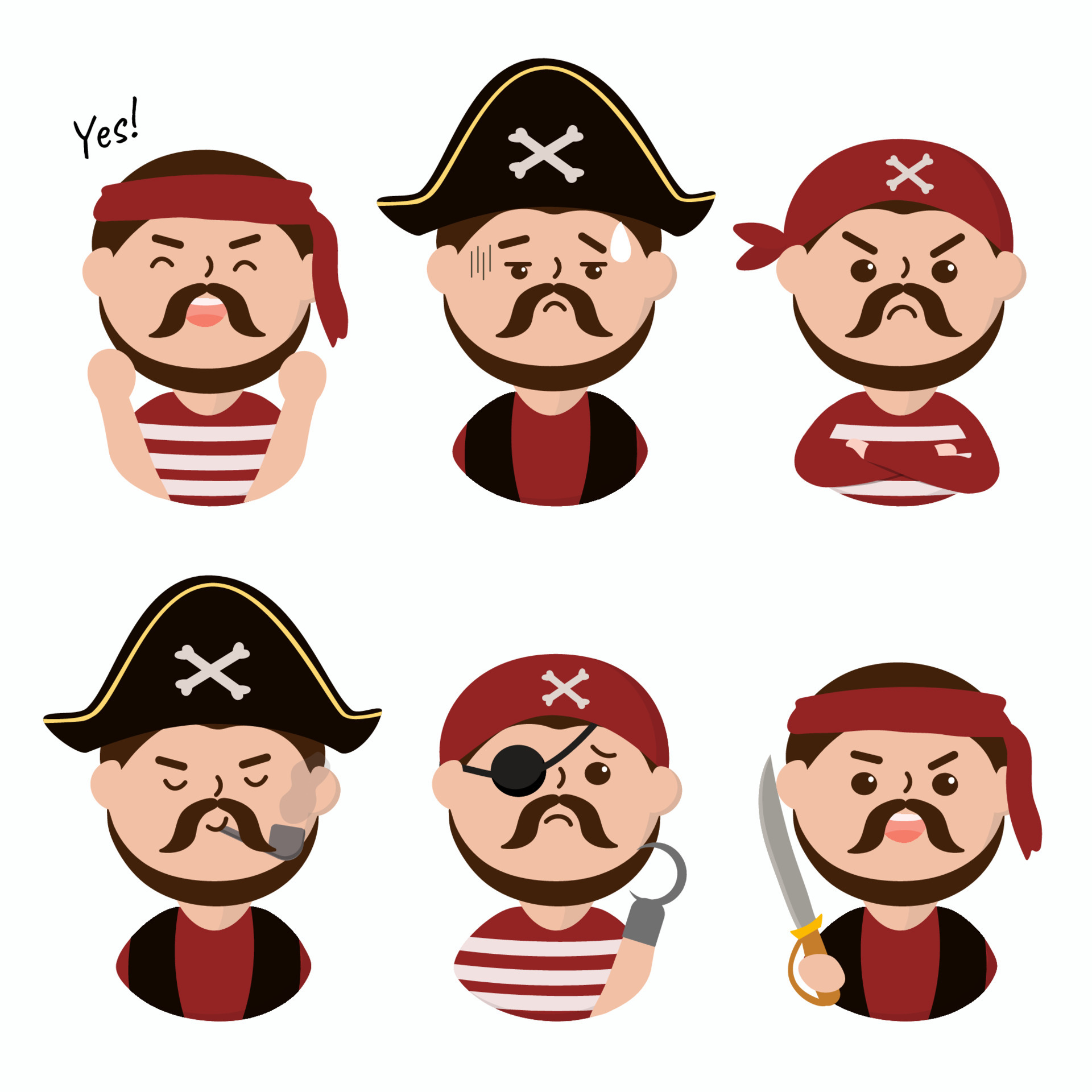 Human pirate cartoon characters in various posing and emotional such as  sailor, chief, glad, sick, confident, hook, sword. 5086526 Vector Art at  Vecteezy