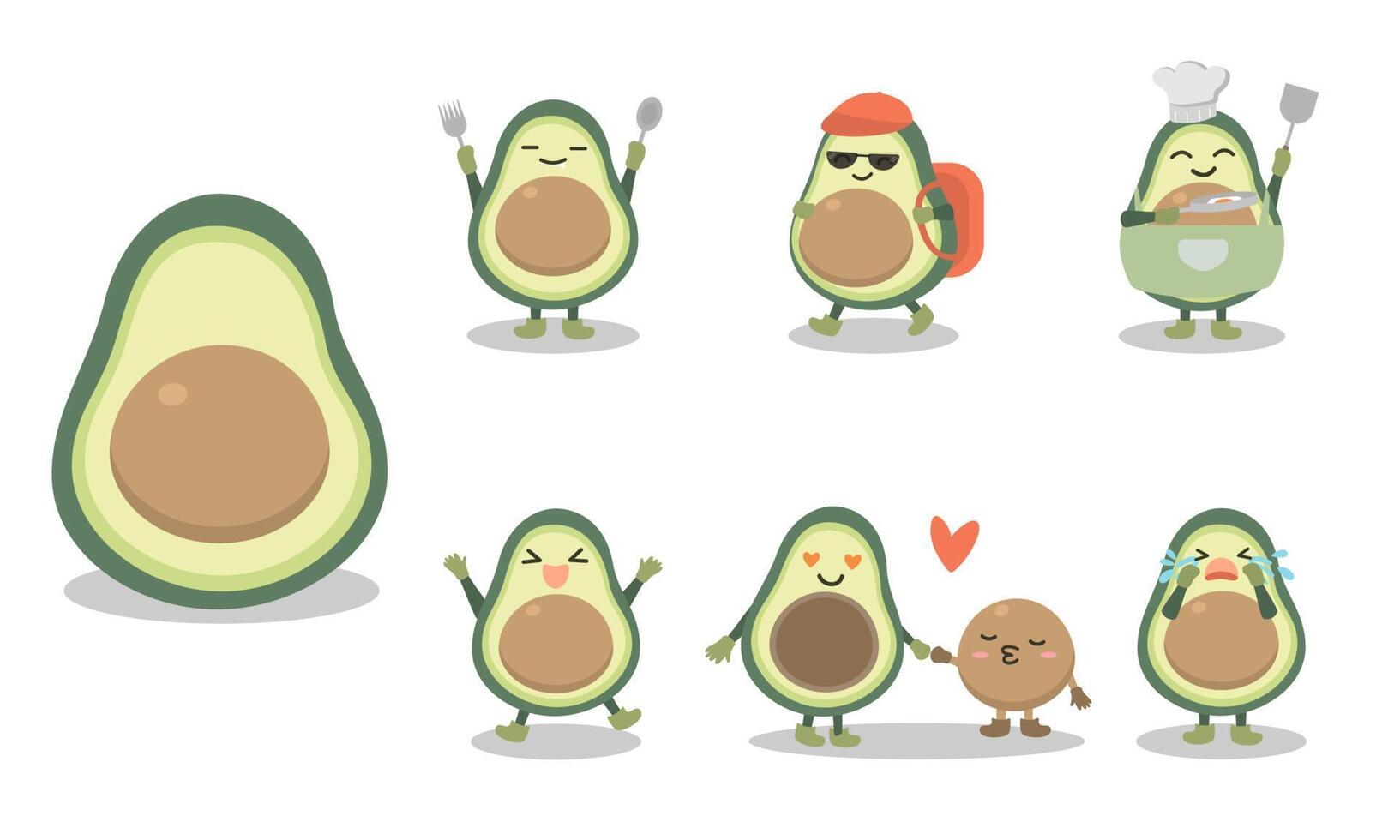 Avocado fruit character or mascot in different pose and activities. vector