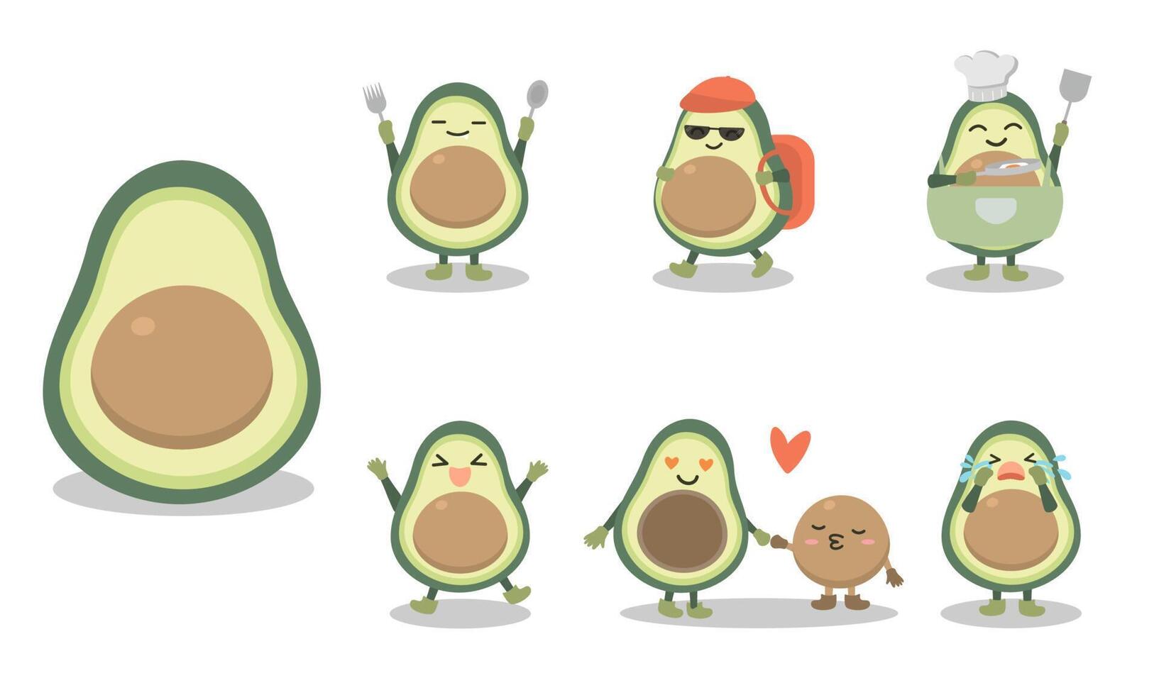 personaje de aguacate o mascota en diferentes poses y actividades. vector