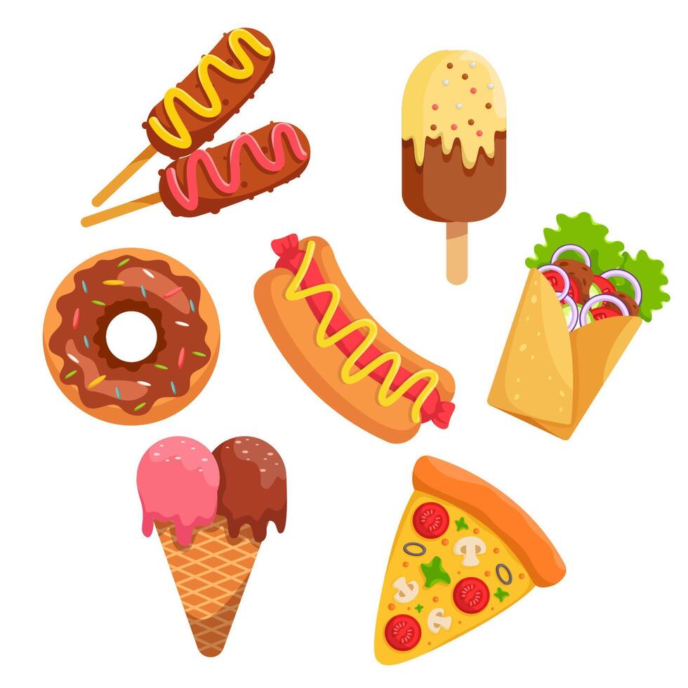 conjunto de paquetes de comida rápida o comida chatarra ilustración vectorial vector